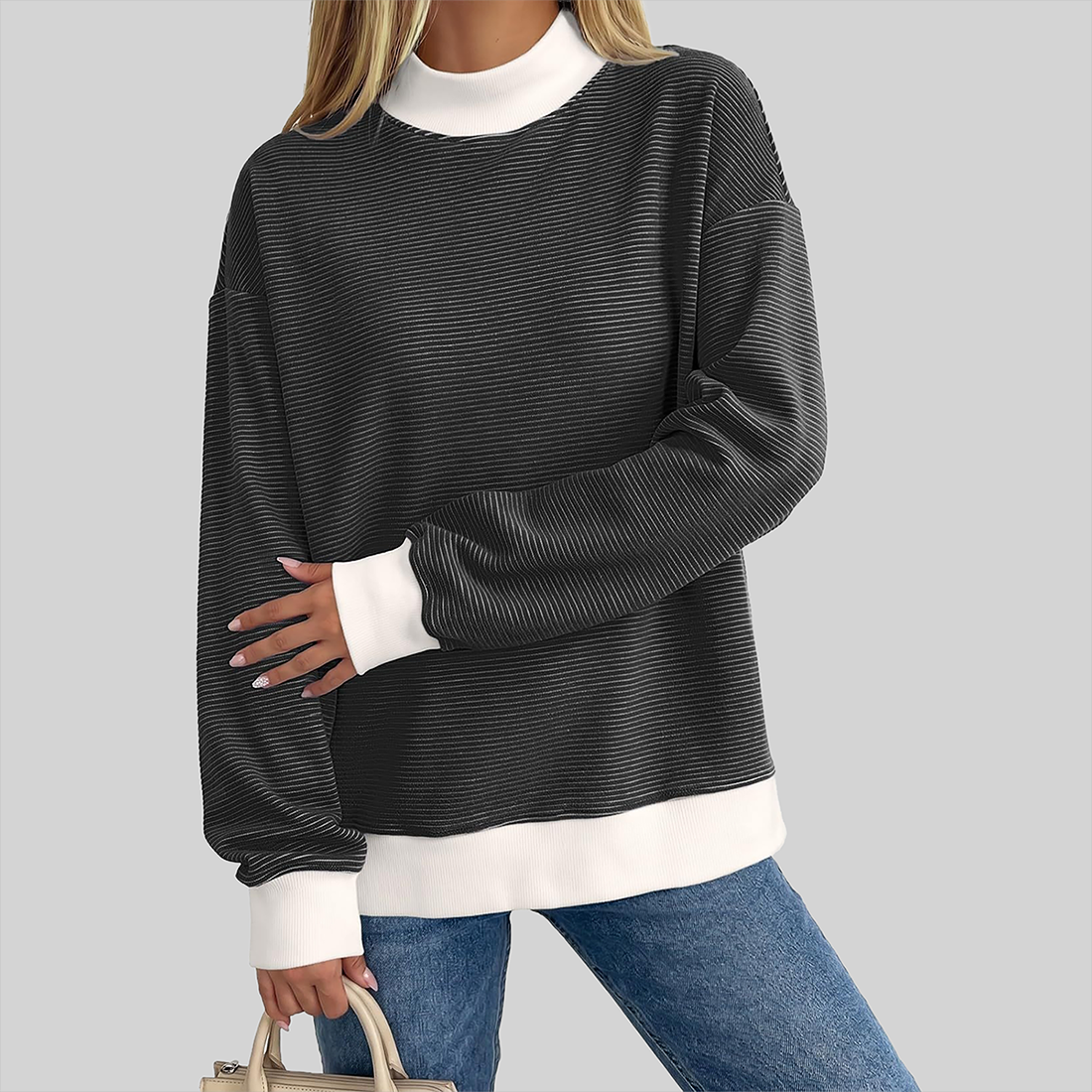 Wholesale Brushed Striped Long Sleeve Pullover – Loose Contrast Color Top