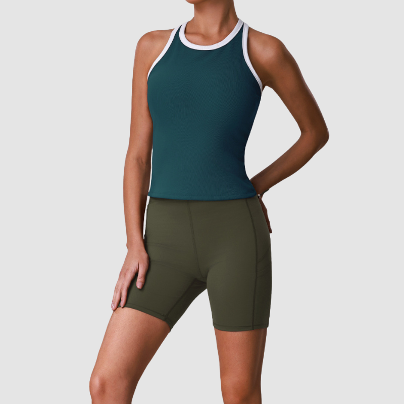 Wholesale Women's Color-Block Racerback Tank Top + High-Waist Cycling Shorts Set – Gym Yoga Fitness Set
