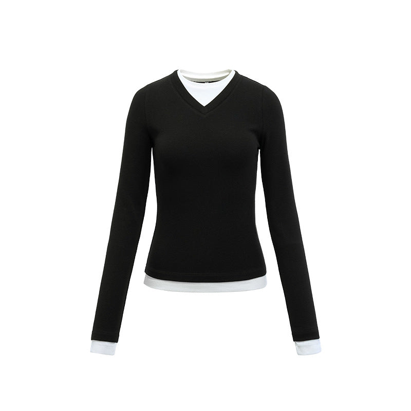 Two-piece look V-neck contrast color top
