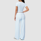 Wholesale Seam-Detail Cropped T-Shirt & Folding waist Flare Leggings Set