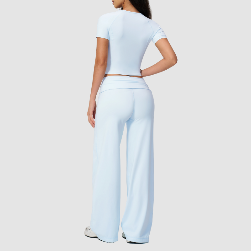 Wholesale Seam-Detail Cropped T-Shirt & Folding waist Flare Leggings Set