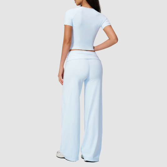Wholesale Seam-Detail Cropped T-Shirt & Folding waist Flare Leggings Set