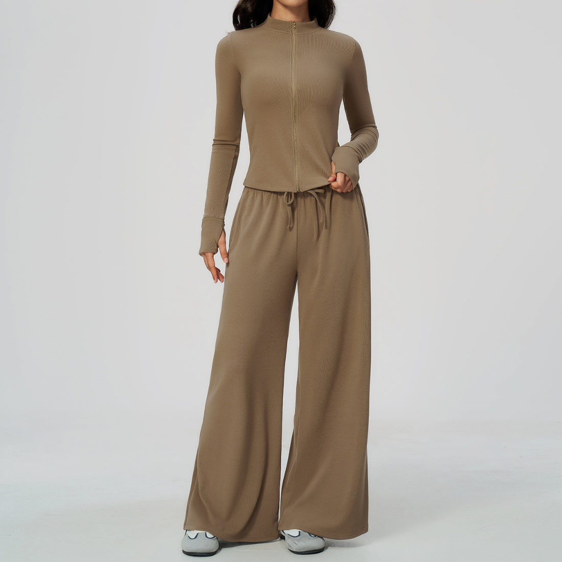 Wholesale Women's Stand-Collar Zip Jacket & Wide-Leg Pants Yoga Set