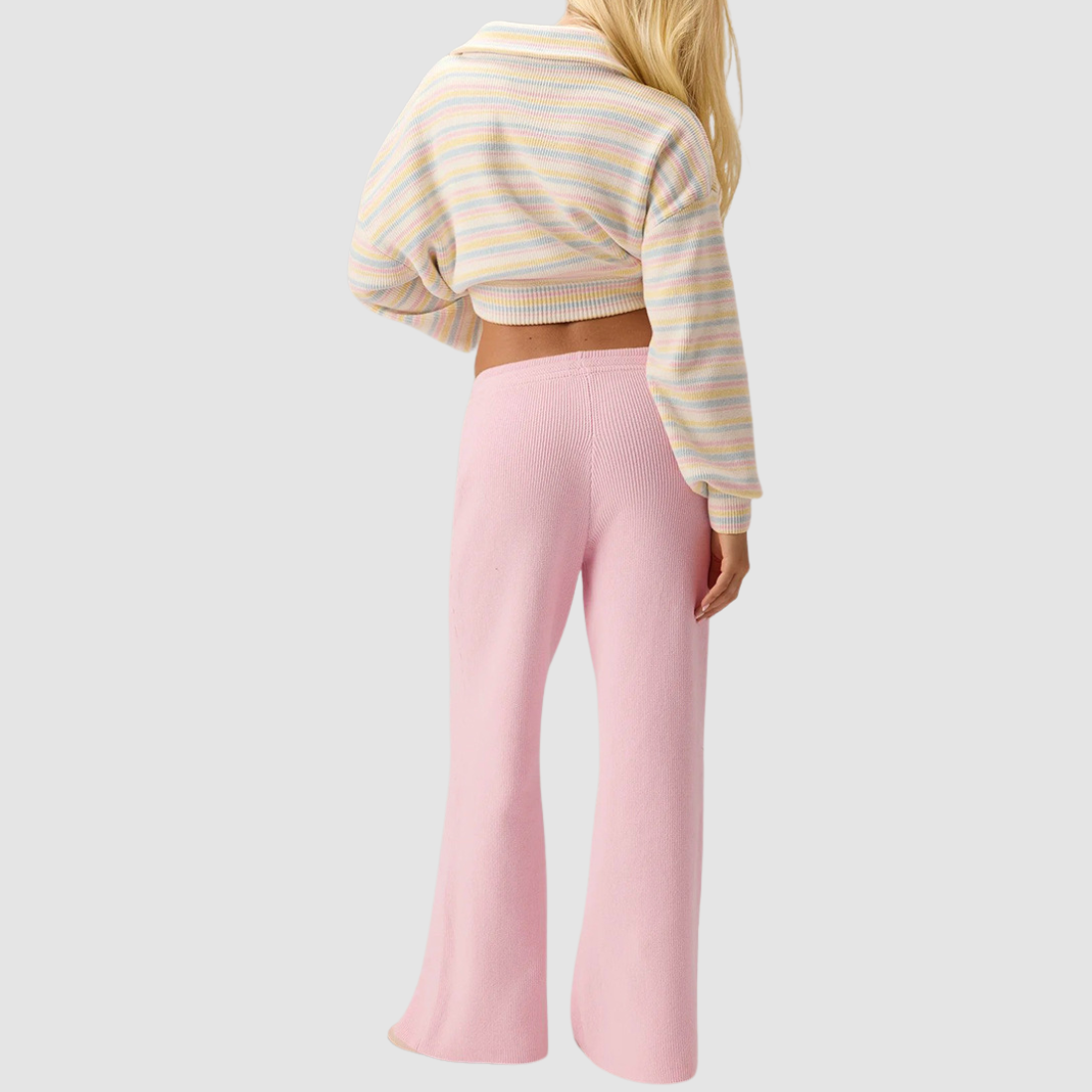 Wholesale Women's Sweaters Striped Stand-Collar Zip Knit Top & Flared Pants Set