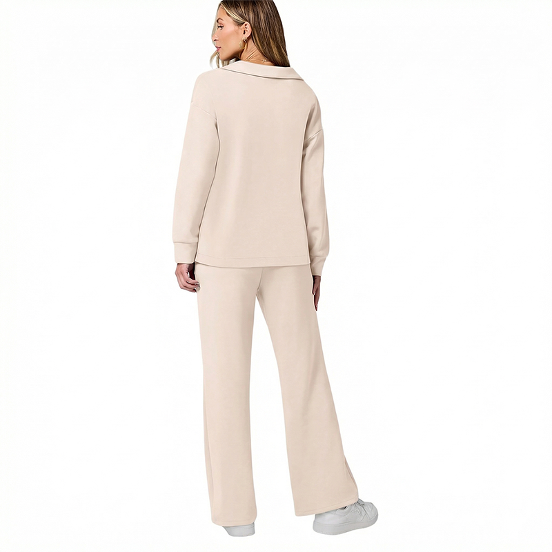 Wholesale Notched Long Sleeve Hooded Jacket + Loose Wide-Leg Pants