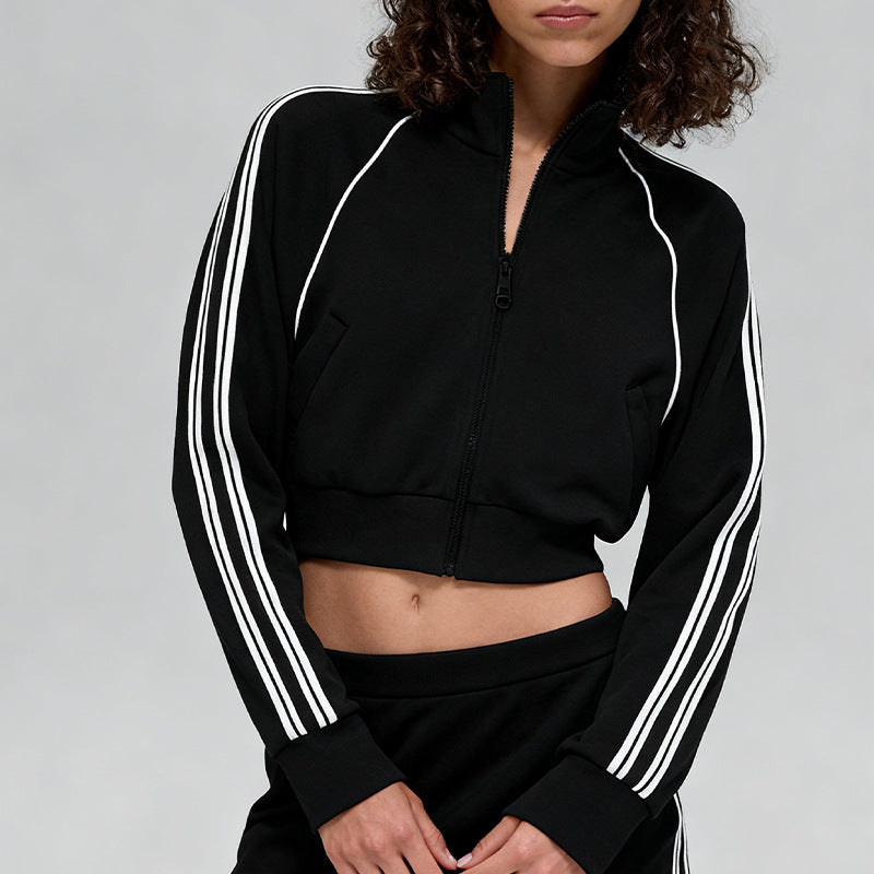 Contrasting stand-up collar coat + contrasting A-line skirt 2 piece set