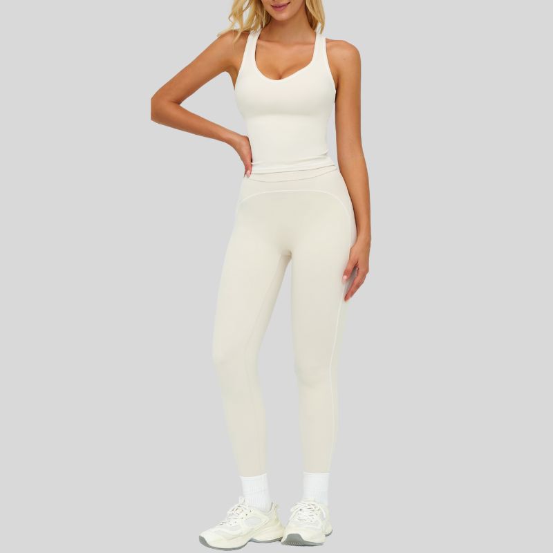 Contrasting racerback tank top+High waisted leggings 2-piece set