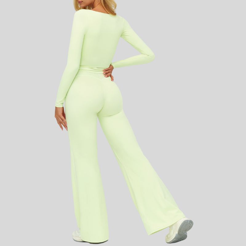 Color-blocked long-sleeved sports top+ High-waisted wide-leg pants 2-piece set