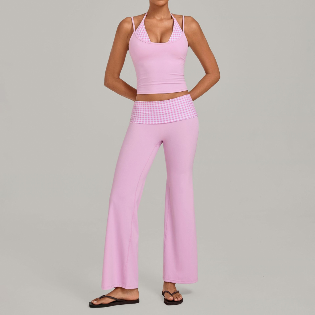 Wholesale Women's Retro Print Yoga Fake Two-Piece Vest+Flared-Leg Pants Set