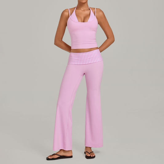 Wholesale Women's Retro Print Yoga Fake Two-Piece Vest+Flared-Leg Pants Set