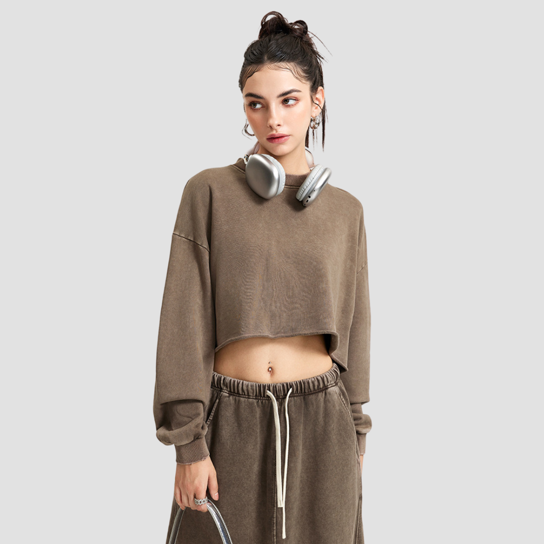 Wholesale Washed Raw-Edge Long Sleeve Top – Cropped Cotton Streetwear