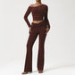 One-Shoulder Long Sleeve top + Crossover Waist Flared Pants 2-Piece Set