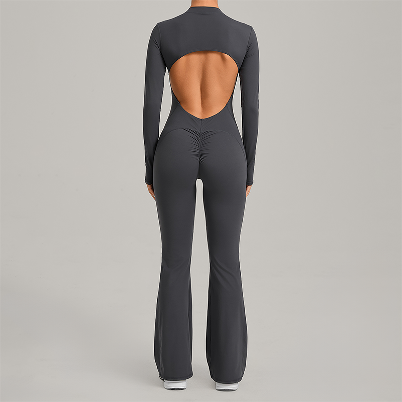 Zipper long sleeved backless fitness jumpsuit