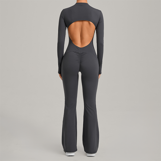 Zipper long sleeved backless fitness jumpsuit