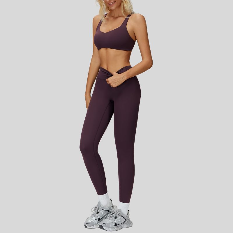 Sports bra with removable bra pads+High-waisted V-neck leggings at the back 2-piece set