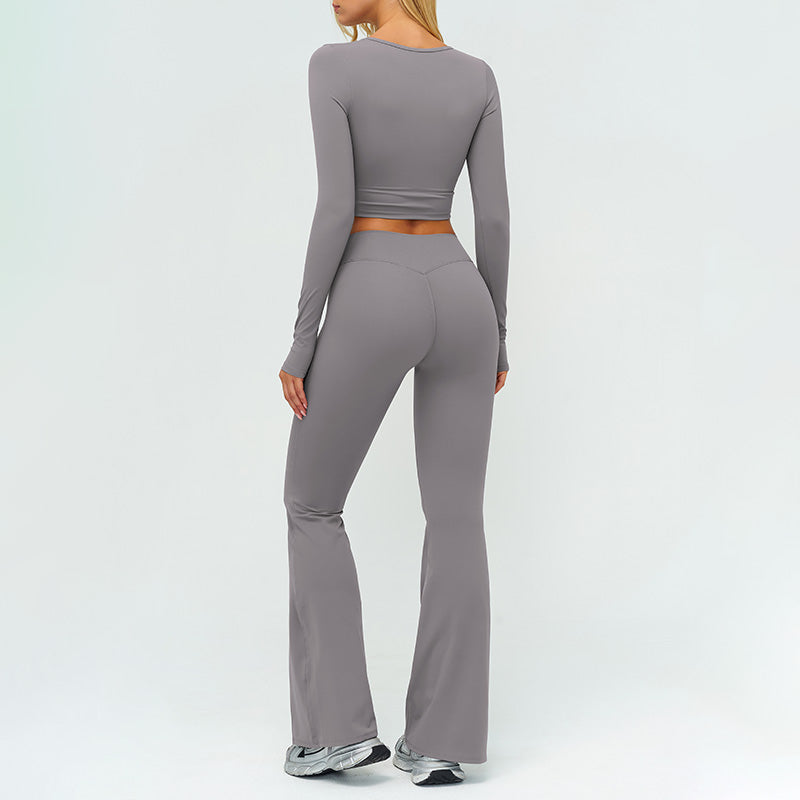 Slim-fitting long-sleeved top + High-waisted flared pants 2-piece set