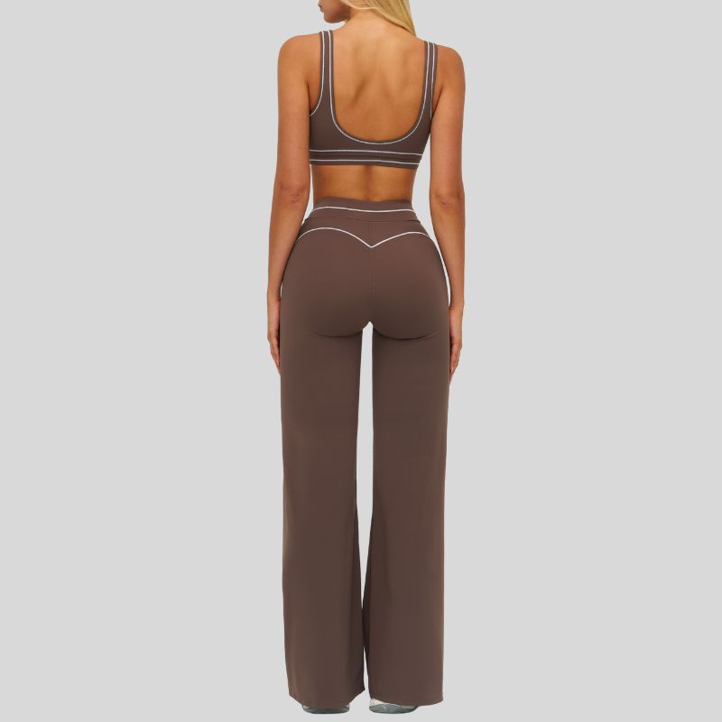 Contrasting bra with removable bra pads+High-waisted wide-leg pants 2-piece set