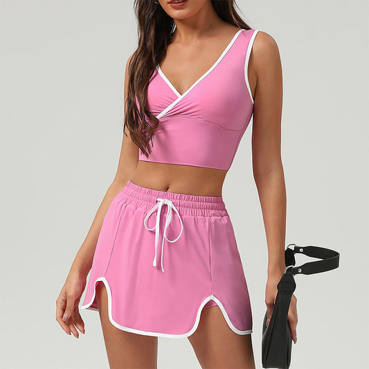 V-neck Sports Crop Top + Color-Blocked Skirt 2-Piece Set