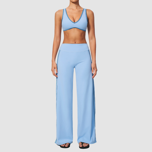 Nude-feel deep V bra + high waist + high-waisted color-blocked pants 2-piece set