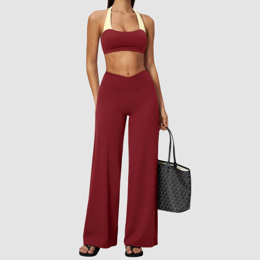 Wholesale Women's Halter Sports Bra & Wide-Leg Pants Two-Piece Set