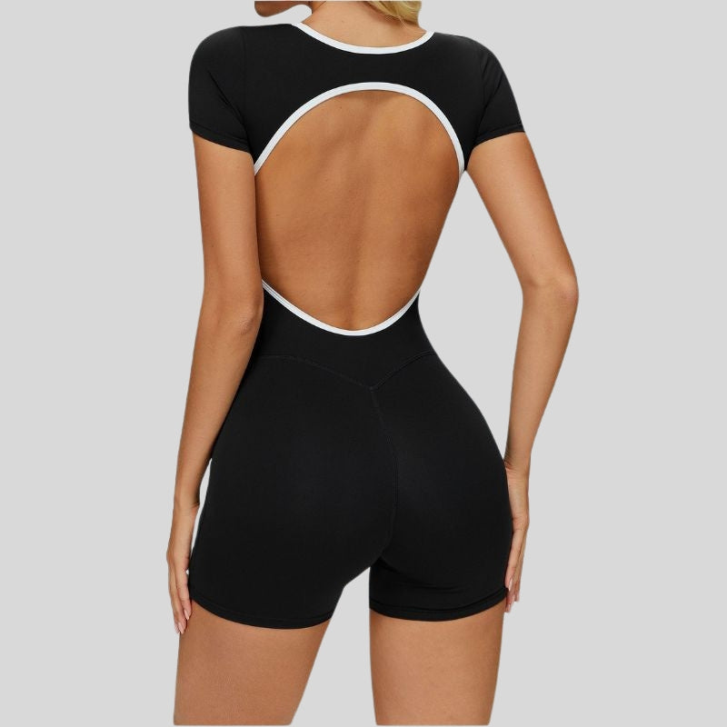 Contrasting backless yoga bodysuit.