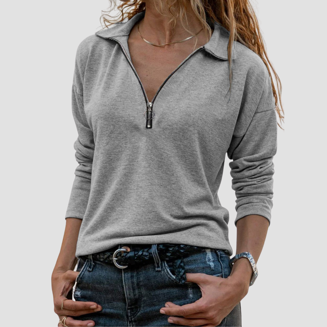 Wholesale Women's Knitted Fabric Lapel Zipper Casual Long Sleeve Top