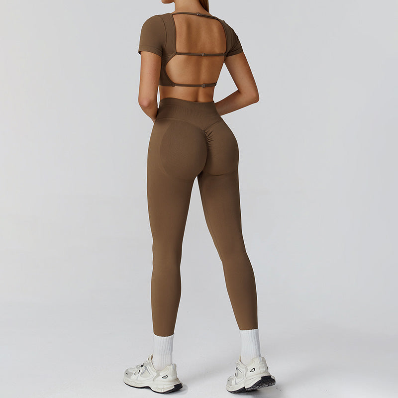 Seamless short sleeve Sports top + High-waisted leggings 2-Piece Set
