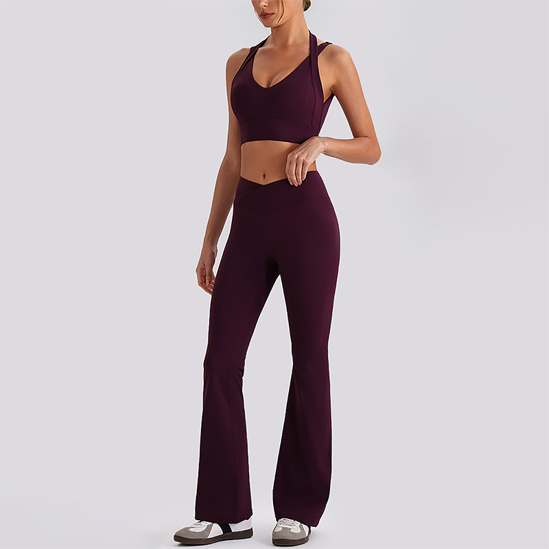 Wholesale Women's Open-Back Long Sleeve Crop Top & High Waist Leggings Set with Chest Pad