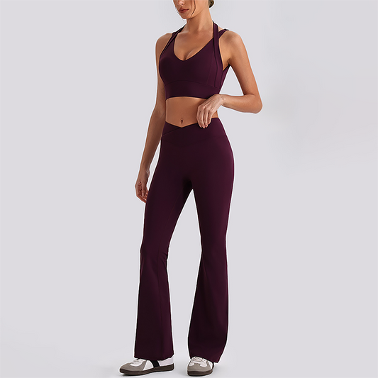 Wholesale Women's Open-Back Long Sleeve Crop Top & High Waist Leggings Set with Chest Pad