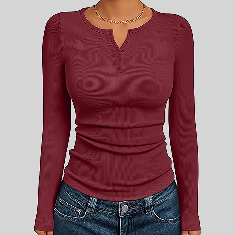 Wholesale Women's Button V-Neck Long Sleeve Ribbed Knit Top