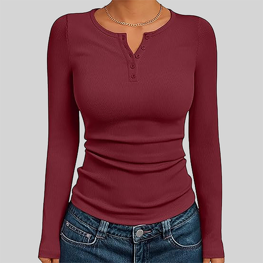 Wholesale Women's Button V-Neck Long Sleeve Ribbed Knit Top