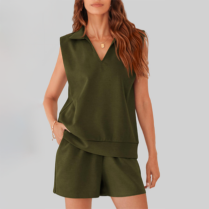 Wholesale Sleeveless V-Neck Tank & Shorts Set – Casual Athleisure 2-Piece with Pockets