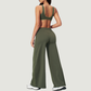 Nude-feel deep V bra + high waist + high-waisted color-blocked pants 2-piece set