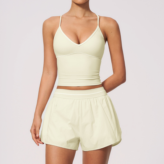 Wholesale Women's Brushed Yoga Set: Halter V-Neck Bra & Shorts – Colorblock Quick-Dry