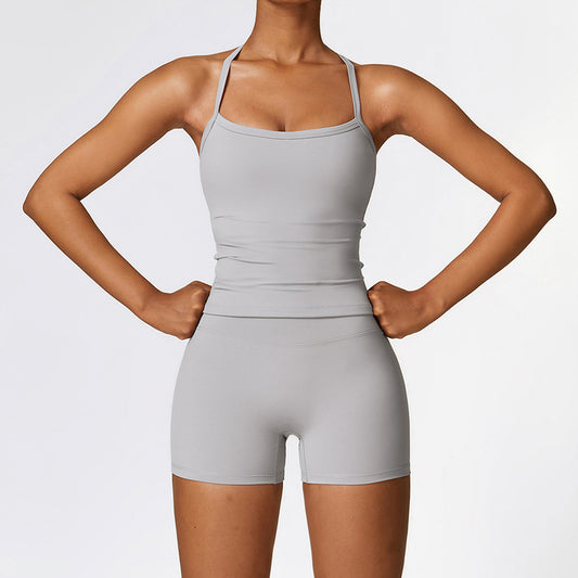 Tapa del tanque de yoga de cruz cepillado + pantalones cortos de cintura alta de 2 piezas