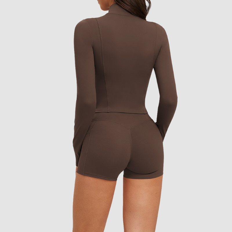 Women's front-zip cardigan long-sleeved jacket & bra and shorts three-piece set