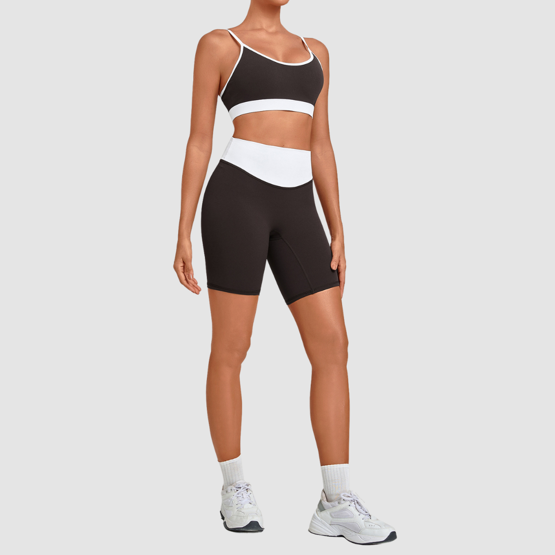 Wholesale Women’s Contrast Strap Sports Bra & High-Waist Biker Shorts Yoga Set