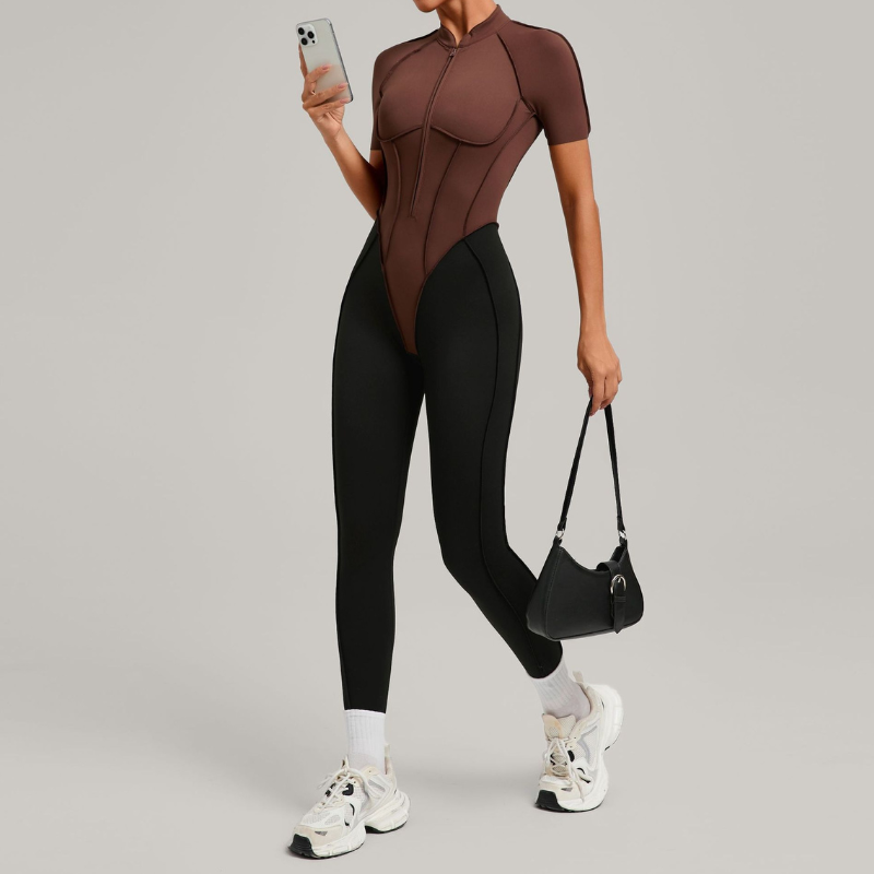 Color matching backless half zipper bodysuit