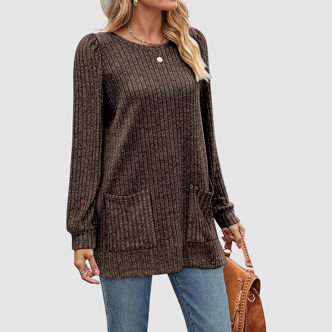 Wholesale Women’s Ribbed Pocket Tunic Sweater – Mid-Long Knit Pullover