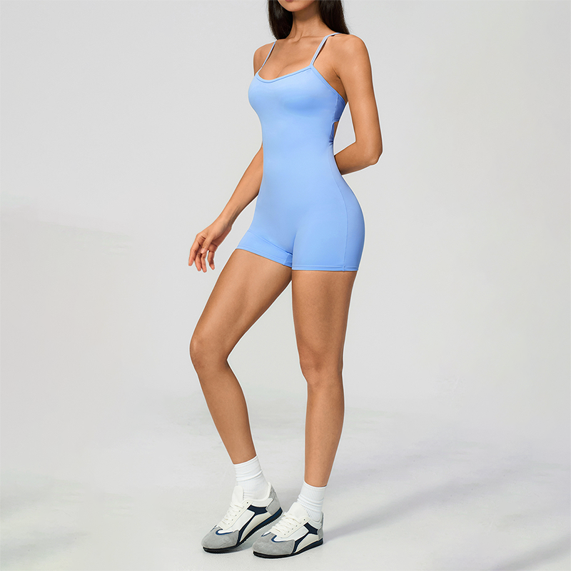 Wholesale Women's Cross-Back Yoga Bodysuit – Brushed Slim Fit Athletic Shorts Jumpsuit w/ Chest Pad