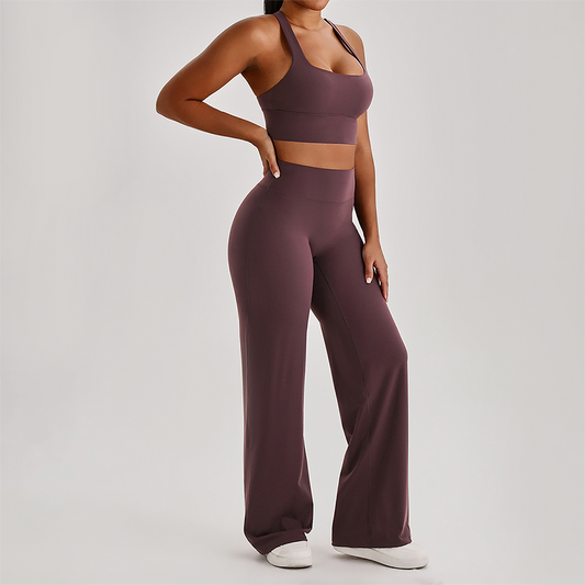 Wholesale Women's Peach Lift High Waist Flare Pants Yoga Set – Cross Back Sports Bra 0258