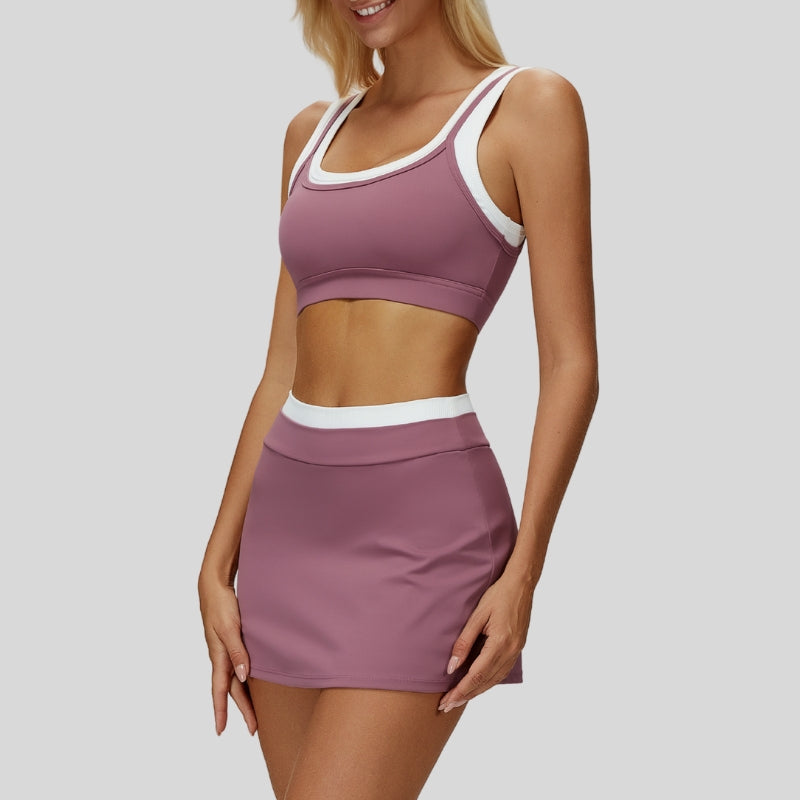 Contrast color sports bra + Anti-exposure short skirt