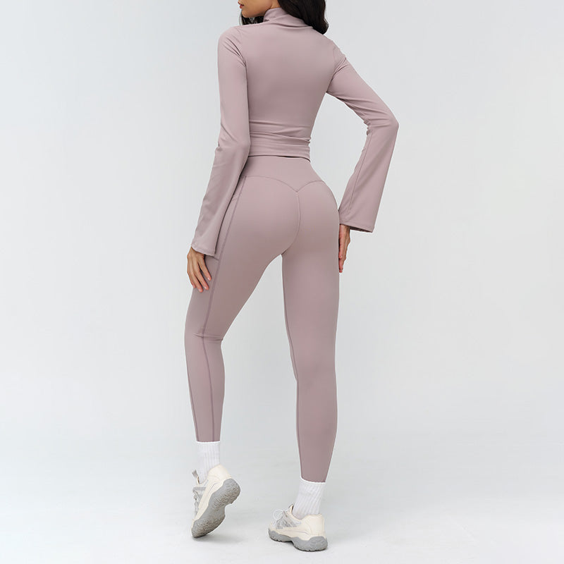 Stand-up collar yoga jacket + side pocket design leggings 2-piece set
