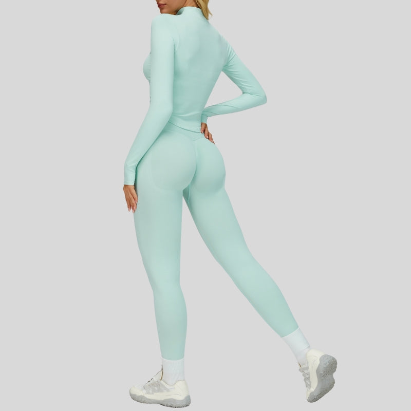 Reggiseno sportivo senza soluzione di continuità + giacca con cerniera piena + leggings a vita alta set a 3 pezzi