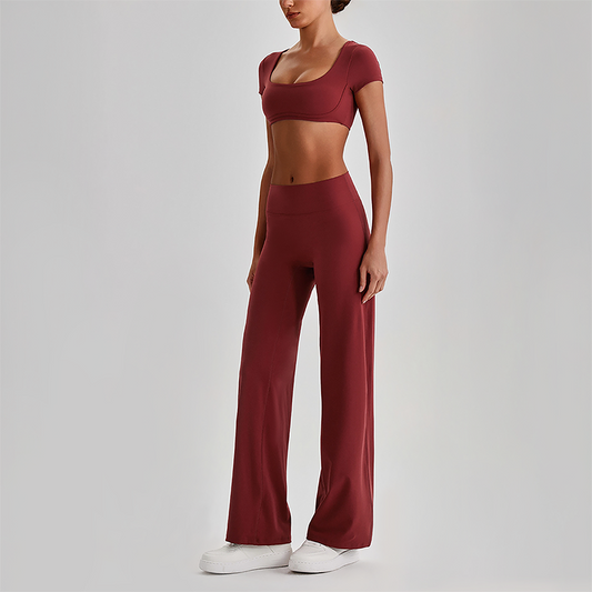 Wholesale Women's Short Sleeve Exposed Back Bra+Naked Feel Straight Leg Pants Yoga Set