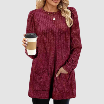 Wholesale Women’s Ribbed Pocket Tunic Sweater – Mid-Long Knit Pullover