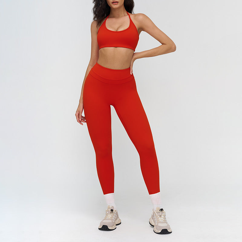 Halter-neck open-back sports bra + high-waisted leggings 2-piece set