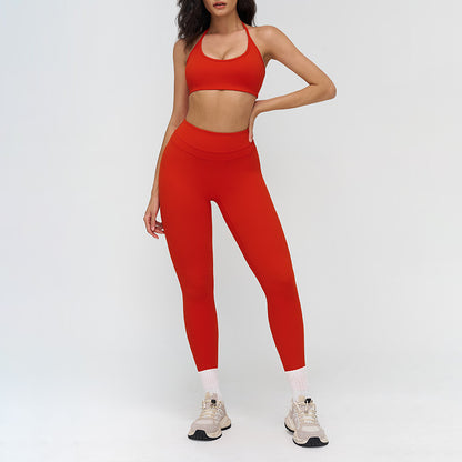 Halter-neck open-back sports bra + high-waisted leggings 2-piece set