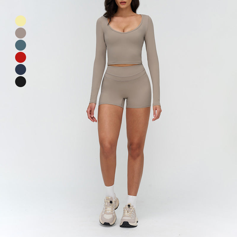 V-neck slim-fit long-sleeved top + High waist shorts 2-piece set