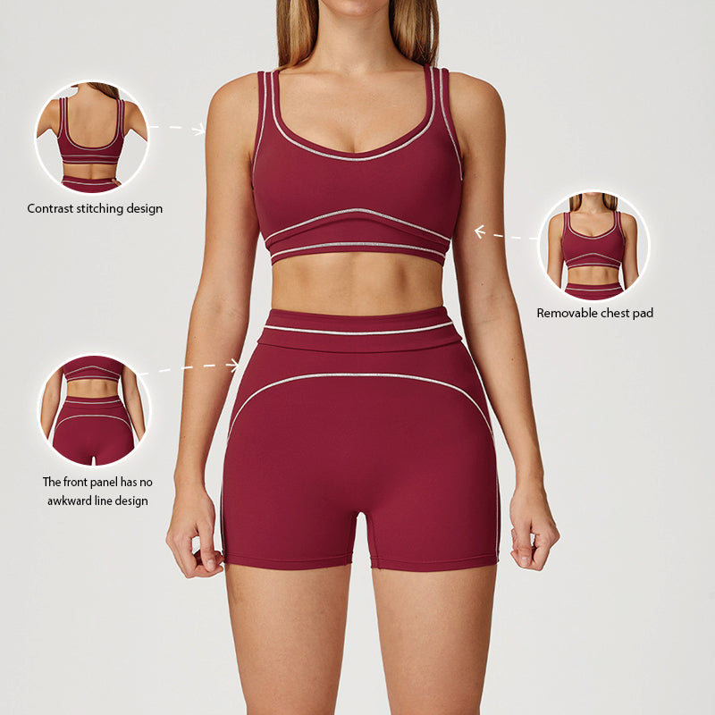 Contrasting Color Sports Bra + high waist shorts 2-piece set